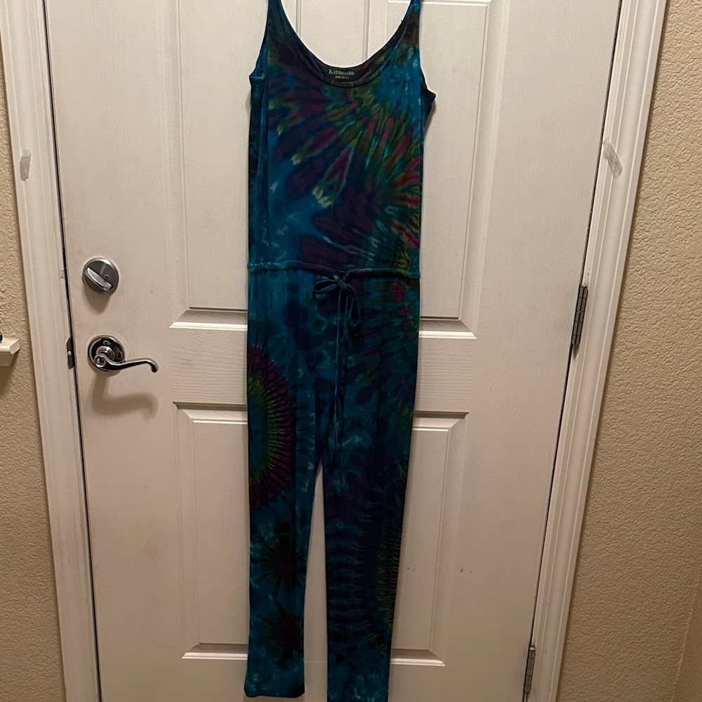 Kathmandu Imports Soft Knit Tie-Dye Sleeveless Jumpsuit - Teal Multicolor - Picture 3 of 9